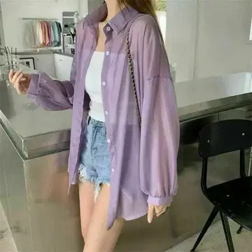 여성용 시어 셔츠 시스루 퍼플 더스티 컬러 긴팔