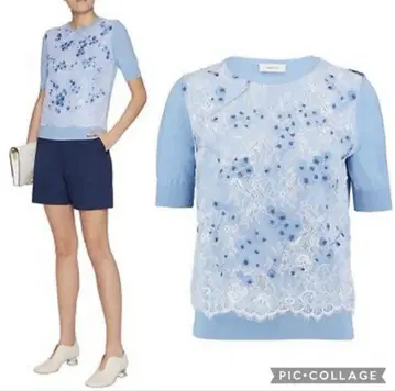 carven 스카이블루 꽃무늬 레이스 자수 반팔 니트