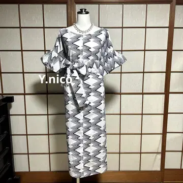 LL 유카타 리메이크 새상품 옷감 화이트 네이비 프릴 소매 넉넉한 원피스
