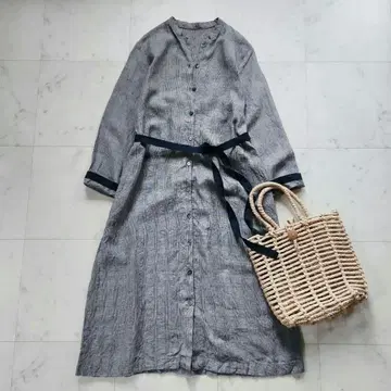 새상품급 네스트로브 린넨 100% 셔츠 원피스 겉옷 밴드 카라 체크