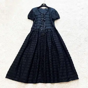 컨디션 최상 카네코 이사오 롱 원피스 전체 피코 프릴 A 라인 리본 블랙