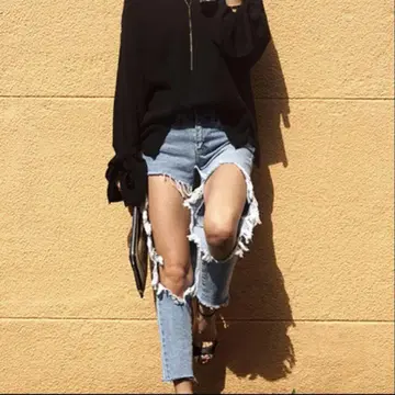 데미지 가공 블루 데님 S/M 사이즈