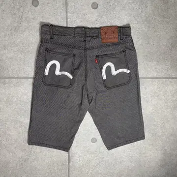 EVISU 숏 팬츠 실버 카모메 오오구로 자수 스트라이프 초와이드 W34