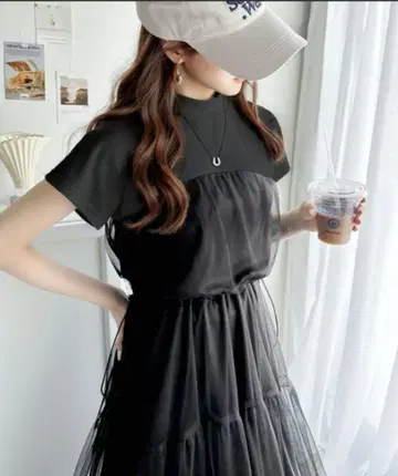 프렌치 슬리브 도킹 얇은 명주 레이어드 원피스