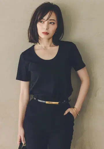 anuans 실크 터치 코튼 U 넥 T 블랙 M