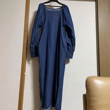 네이비 데님 컷 롱 원피스 긴팔