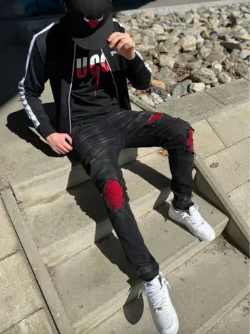 데미지 가공 스키니 데님 팬츠
