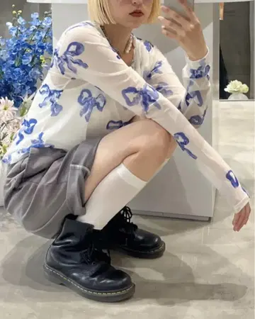 POPPY 블루 리본 시스루 탑 라운드넥