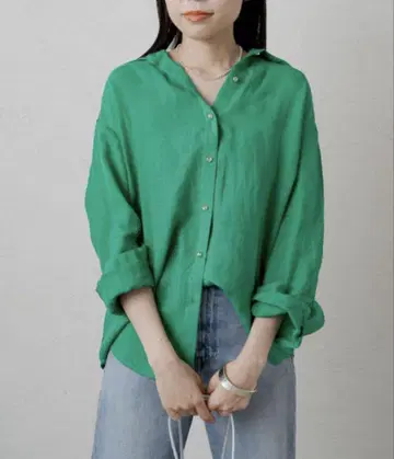 란우지 드레스 그린 린넨 100% 백 타이 셔츠 긴팔