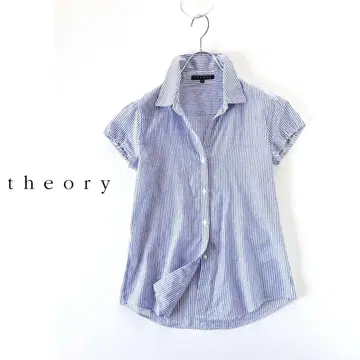 Theory/띠어리 캡 슬리브 스트라이프 블라우스 파랑