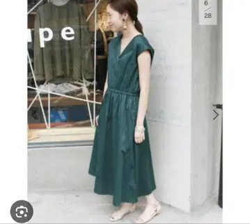 슬로브 이에나 스키퍼 롱 원피스 다크 그린 허리밴딩 린넨