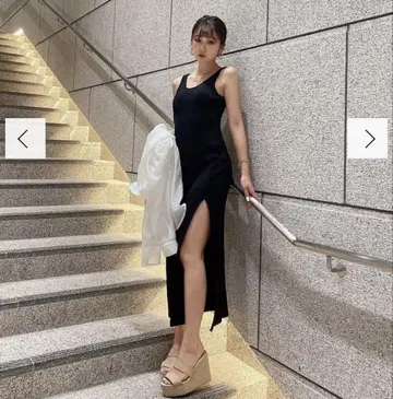 골지 DEEP 슬릿 롱 원피스 블랙