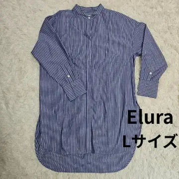 Elura 스트라이프 셔츠 블라우스 밴드 카라 블루 L 사이즈 엘루라