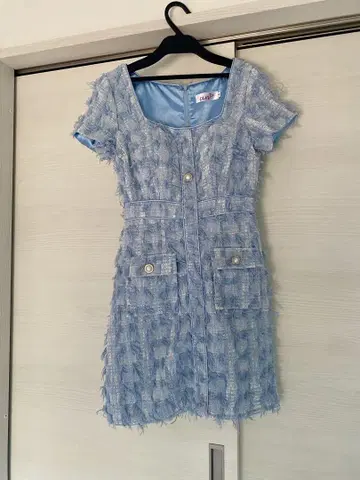 스카이블루 프린지 반팔 미니 원피스