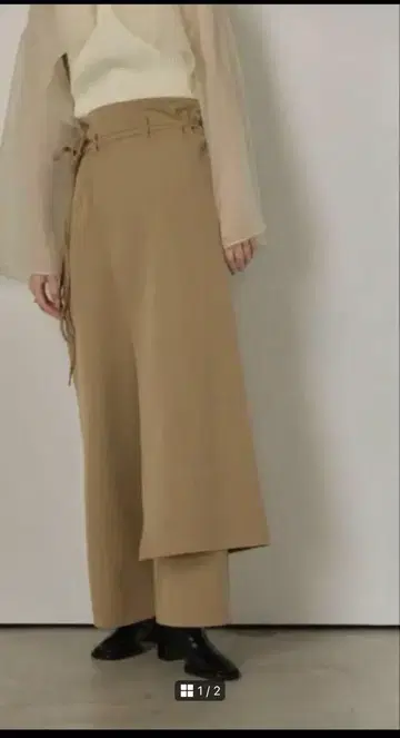 베이지 사이드 리본 와이드 팬츠