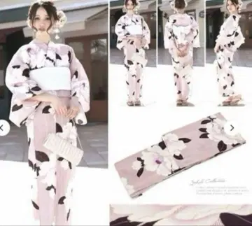 핑크 꽃무늬 유카타 보라색 오비