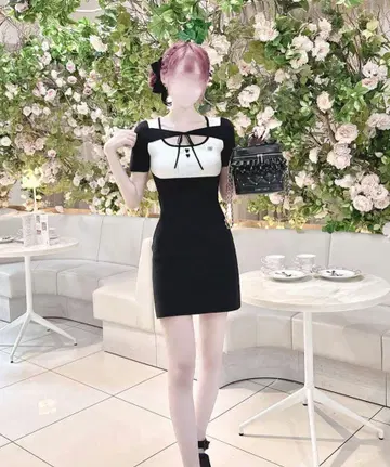 미셸 마카롱 감자 초커가 달린 백 리본 원피스 허니 뮤우 XS