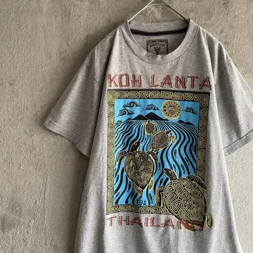 KOH LANTA 태국제 아트 티셔츠 바다거북 패턴 M 그레이