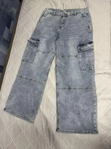 프로 클럽 라이트 블루 데님 카고 팬츠 초와이드