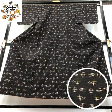 MK-1499 명주 기모노 본고장 구메지마 명주 가스리 패턴 검은색