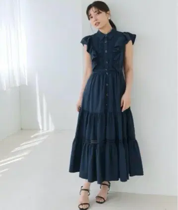 And Couture 원피스 코튼 레이스 프릴 셔츠 원피스 네이비