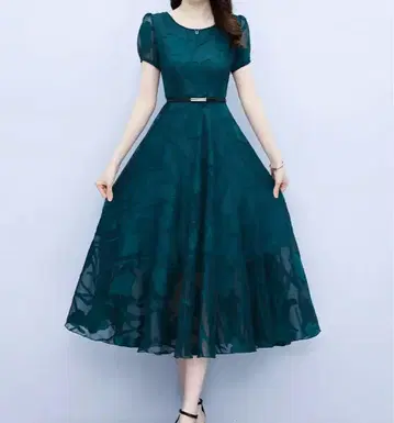 그린 반팔 플레어 드레스