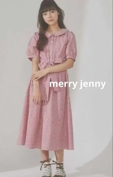 merry jenny 깅엄 체크 리본 셔츠 원피스 레드 프릴