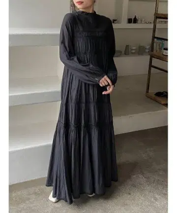 자수 롱 드레스 블랙
