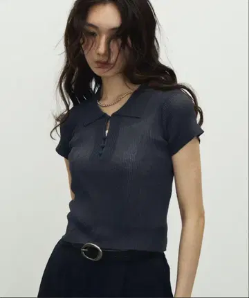셔벗 터치 폴로 옷깃 랜덤 리브 탑