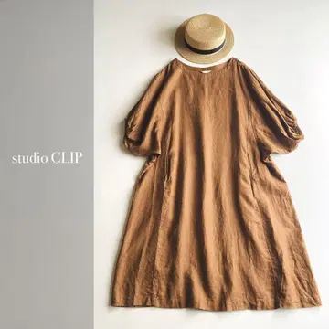 studio CLIP 린넨 100% 볼륨 슬리브 원피스