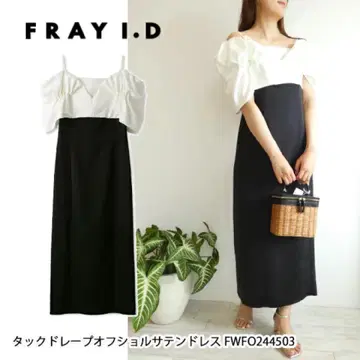 FRAY I.D 턱 드레이프 오프 숄더 새틴 드레스