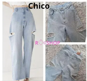 chico 사이드 슬릿 데미지 데님 팬츠 S 와이드