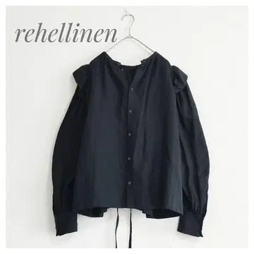 새상품급 rehellinen 린넨 프릴 개더 블라우스 블랙 레헤린