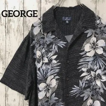 C2187 GEORGE 알로하 셔츠 레이온 하이비스커스 오픈 카라 블랙