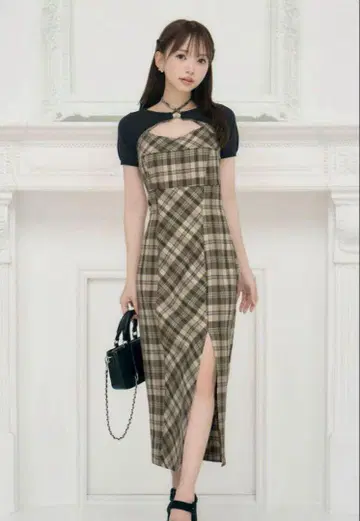 미셸 마카롱 앙상블 체크 원피스 베이지
