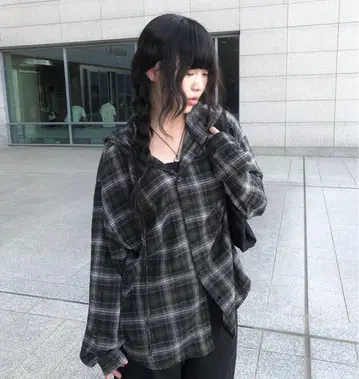 anyonemore 오버사이징 후드 부착 체크 셔츠 에니원모어