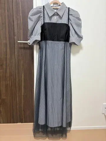 뷔스티에 도킹 파워 숄더 셔츠 원피스