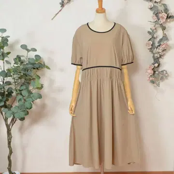 M~L 배색 파이핑 벌룬 슬리브 원피스 여성용/베이지