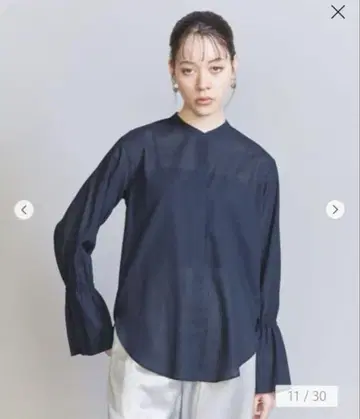 네이비 벌룬 슬리브 긴팔 셔츠