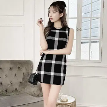 Cheri mi 체크 무늬 슬리브리스 미니 원피스