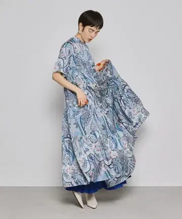 manana suerte 페이즐리 무늬 반팔 롱 원피스