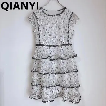QIANYI 반팔 원피스 미니 길이 티어드 레이스 화이트 성인 여성 L