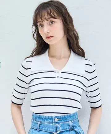 31 Sons de mode 스트라이프 카라 부착 반팔 니트