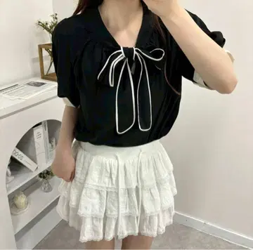 새상품 귀여운 반팔 블라우스 셔츠 블랙 L 여성용