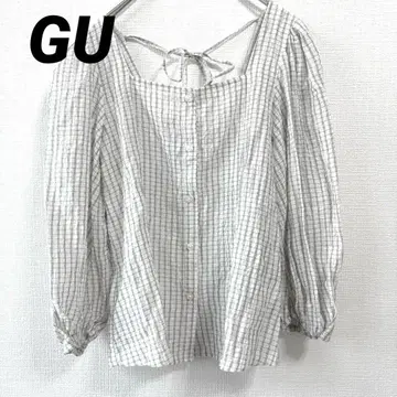 2 GU 7부 기장 티셔츠 상의 체크 무늬 XS 블라우스 백 리본 화이트