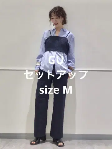 새상품 GU 지유 뷔스티에 턱 와이드 팬츠 셋업 스트라이프 M