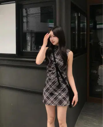 emmy andor online 공식 슬리브리스 체크 타이트 미니 원피스