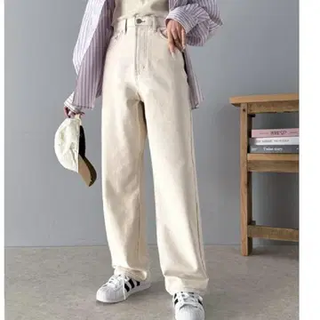클래식 엘프] 넉넉한 하이 웨스트 와이드 스트레이트 무지 데님
