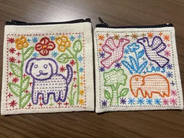 핸드메이드 자수 파우치 (개, 새, 꽃 디자인)