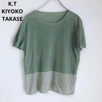 케이티 키요코 타카세 반팔 티셔츠 린넨 그린 배색 포인트 컬러 캐주얼 M